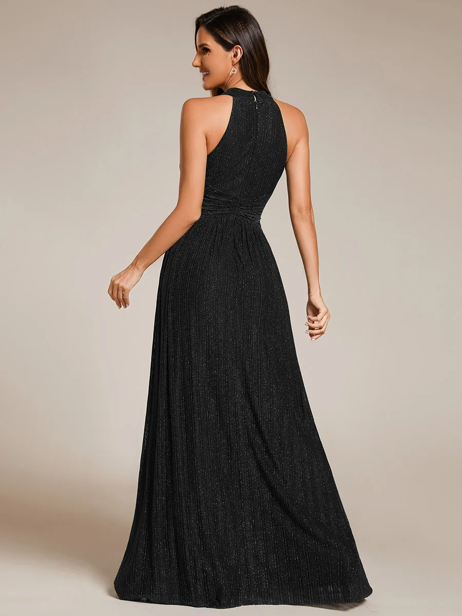 Glittery Halter Neck Pleated Formal Wholesale Evening Dress