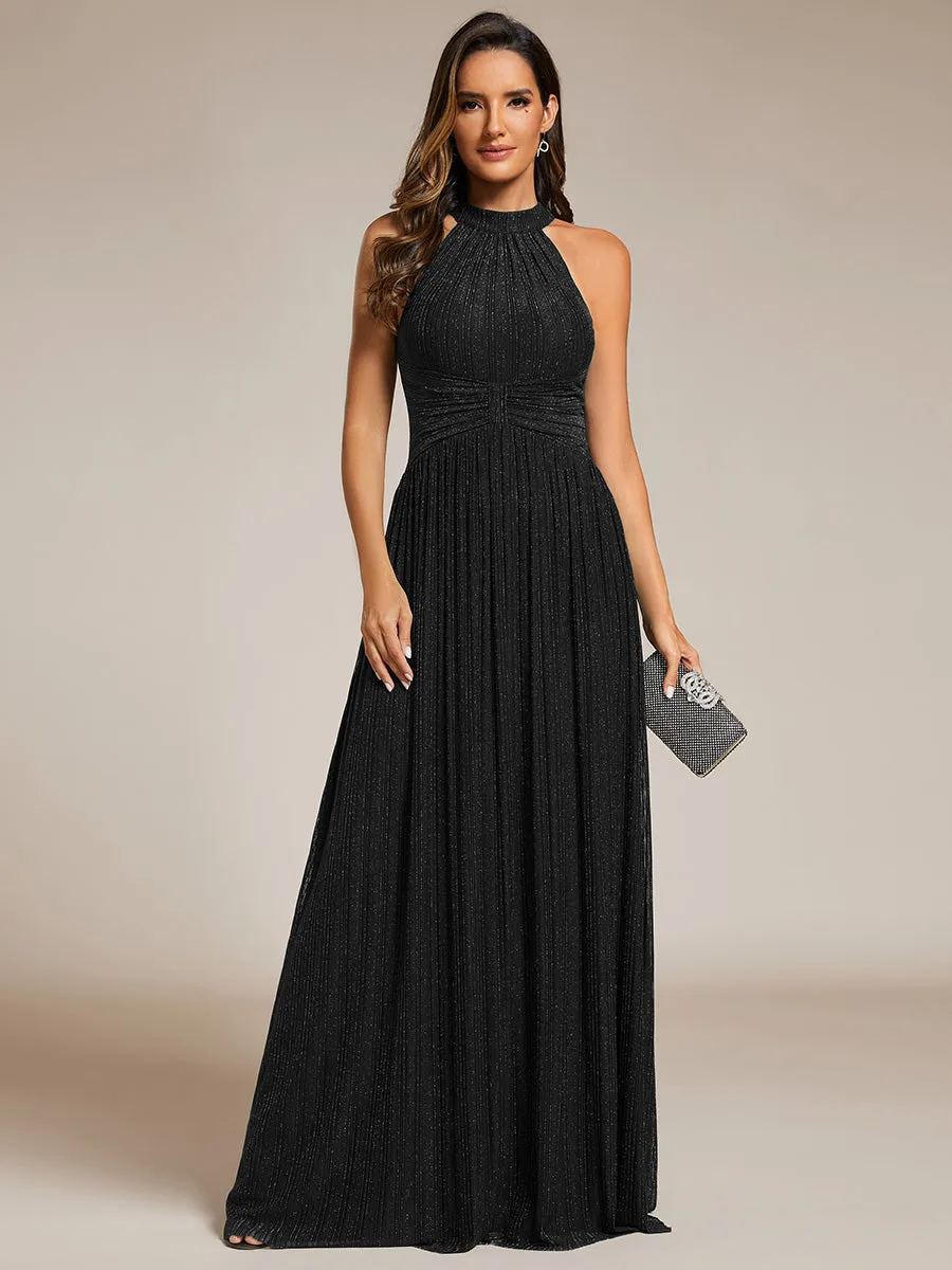 Glittery Halter Neck Pleated Formal Wholesale Evening Dress