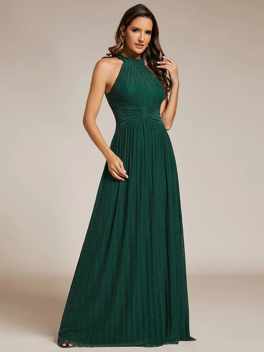 Glittery Halter Neck Pleated Formal Wholesale Evening Dress