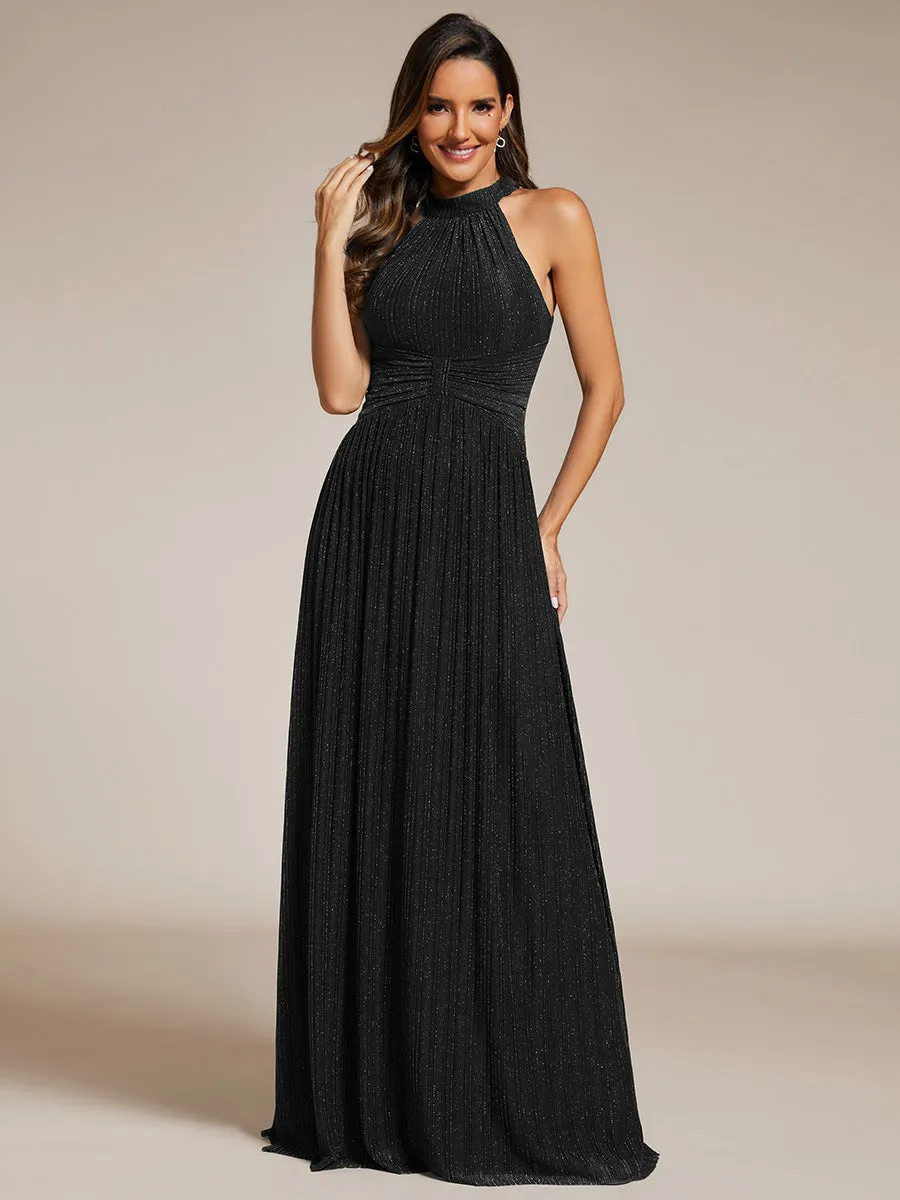 Glittery Halter Neck Pleated Formal Wholesale Evening Dress