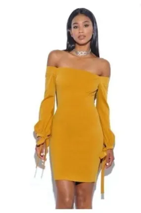 Golden Yellow Strapless Puffy Tie Sleeve Dress