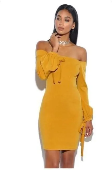 Golden Yellow Strapless Puffy Tie Sleeve Dress