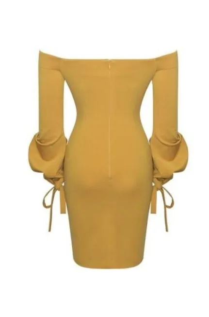 Golden Yellow Strapless Puffy Tie Sleeve Dress