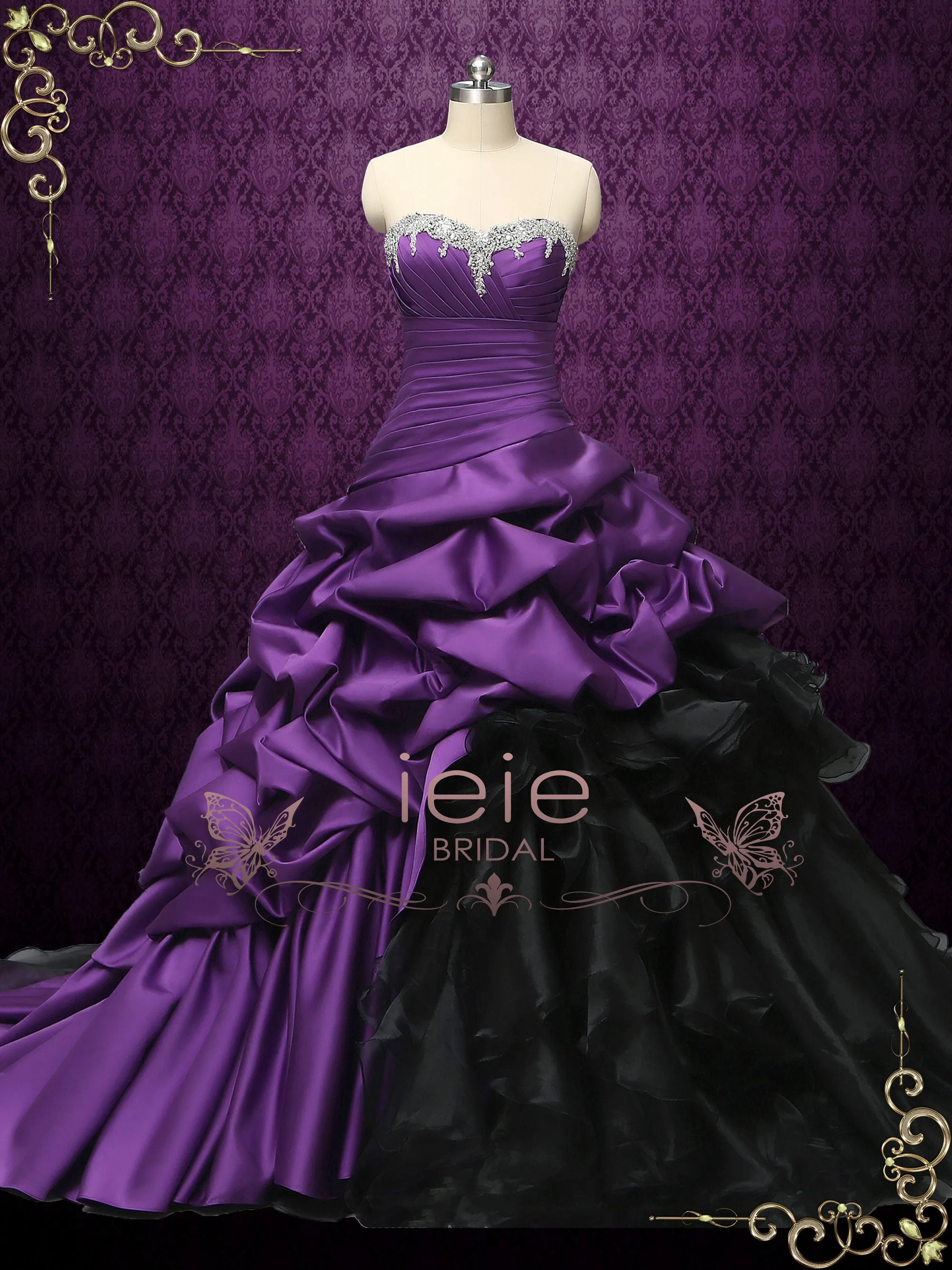 Gothic Purple and Black Strapless Wedding Dress CONSTANCE