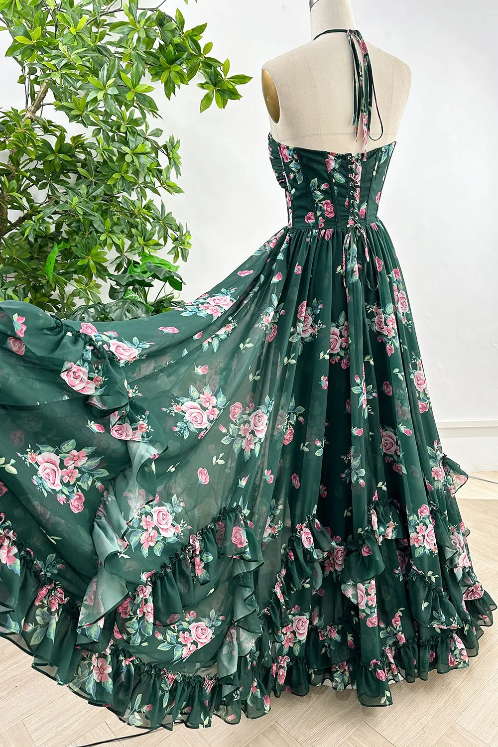 Halter V Neck Corset Floral Print Chiffon  Dark Green Dress