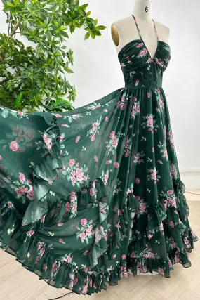 Halter V Neck Corset Floral Print Chiffon  Dark Green Dress