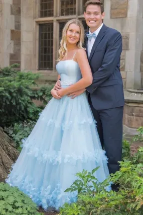 Light Blue Floral Long Prom Dresses Formal Graduation Evening Dresses SH670