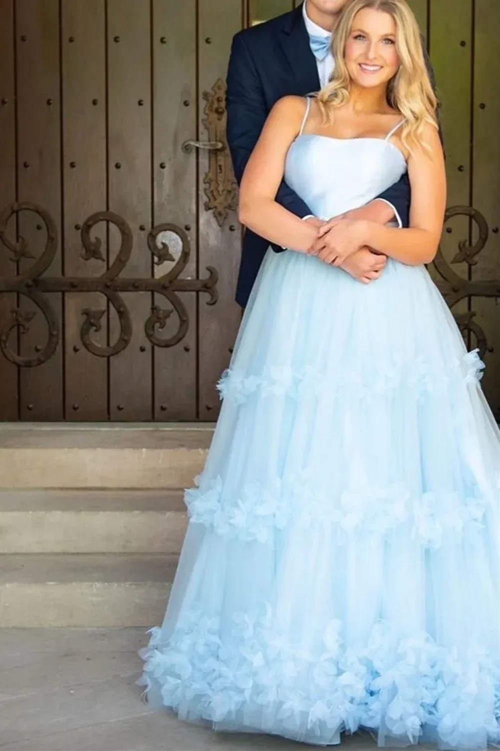 Light Blue Floral Long Prom Dresses Formal Graduation Evening Dresses SH670