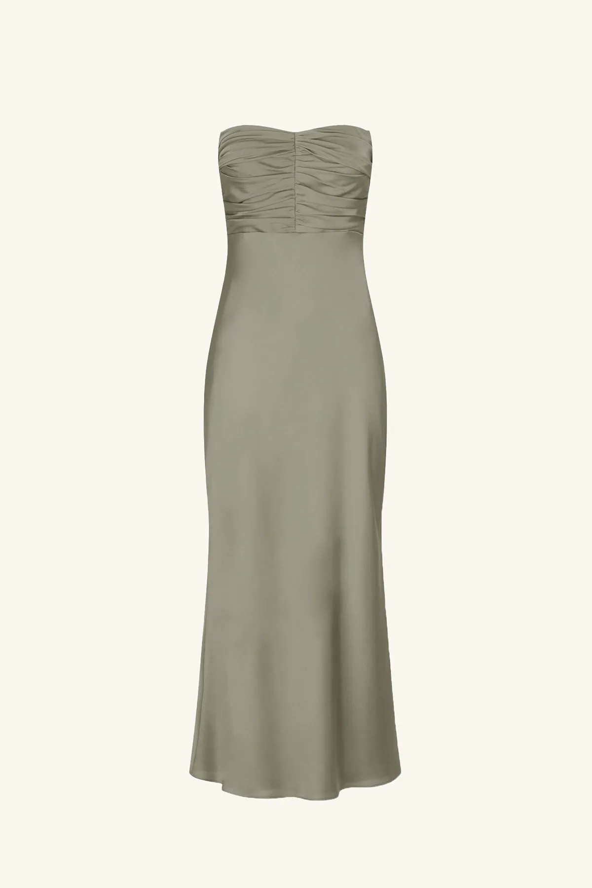 LUXE STRAPLESS RUCHED BODICE MIDI DRESS - EUCALYPTUS