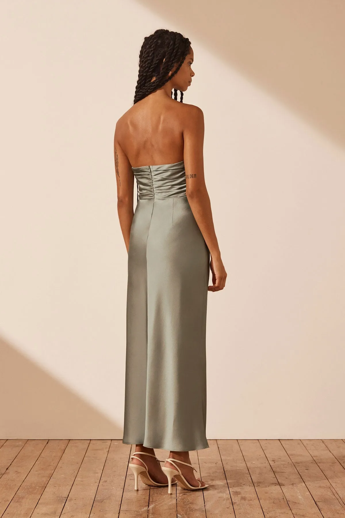 LUXE STRAPLESS RUCHED BODICE MIDI DRESS - EUCALYPTUS