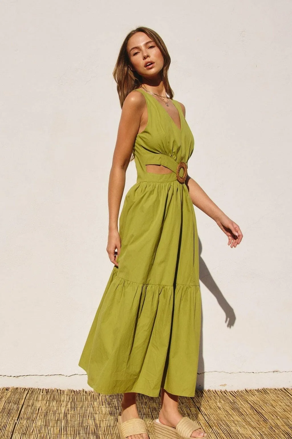 O Ring Cutout Halter Maxi Dress - Green