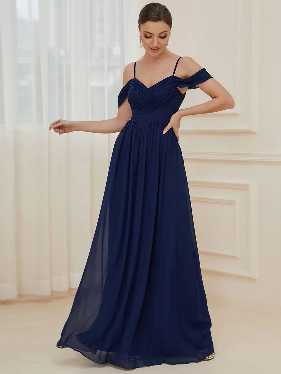 Pleated V-Neck Cold Shoulder Bridesmaid Dress