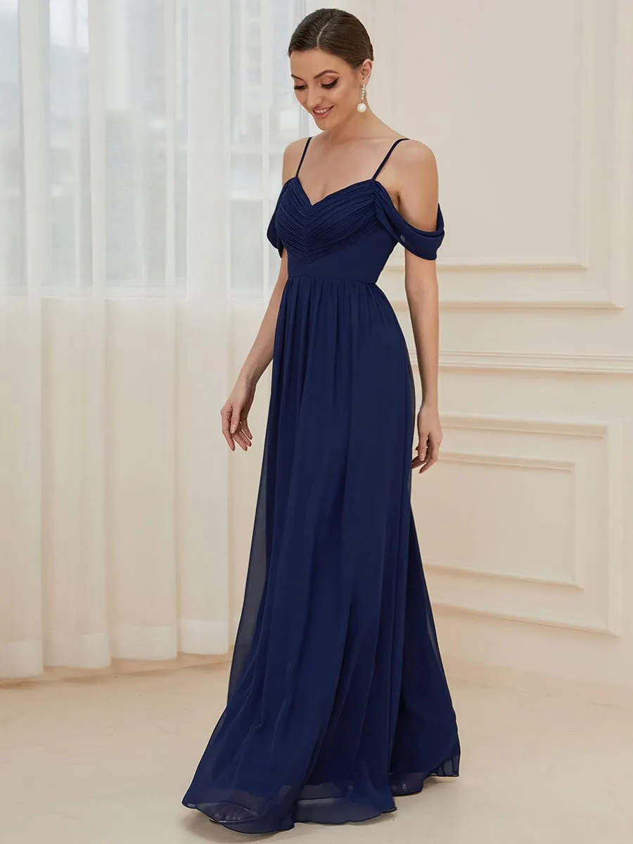 Pleated V-Neck Cold Shoulder Bridesmaid Dress