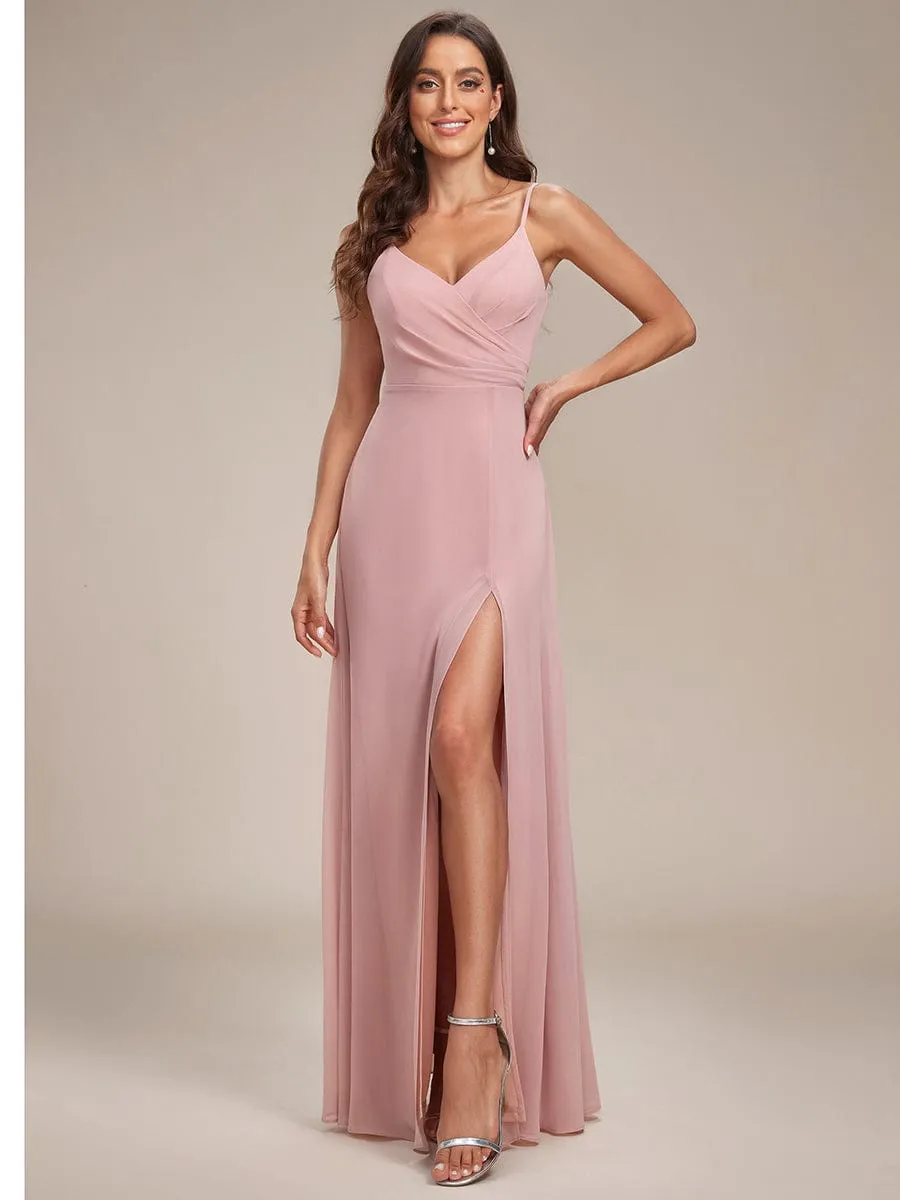 Pleated V-Neck Spaghetti Strap High Slit Bridesmaid Dress