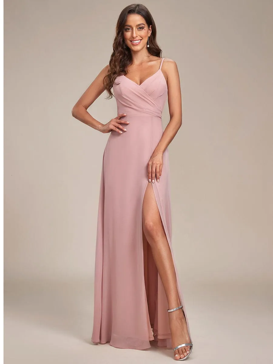 Pleated V-Neck Spaghetti Strap High Slit Bridesmaid Dress