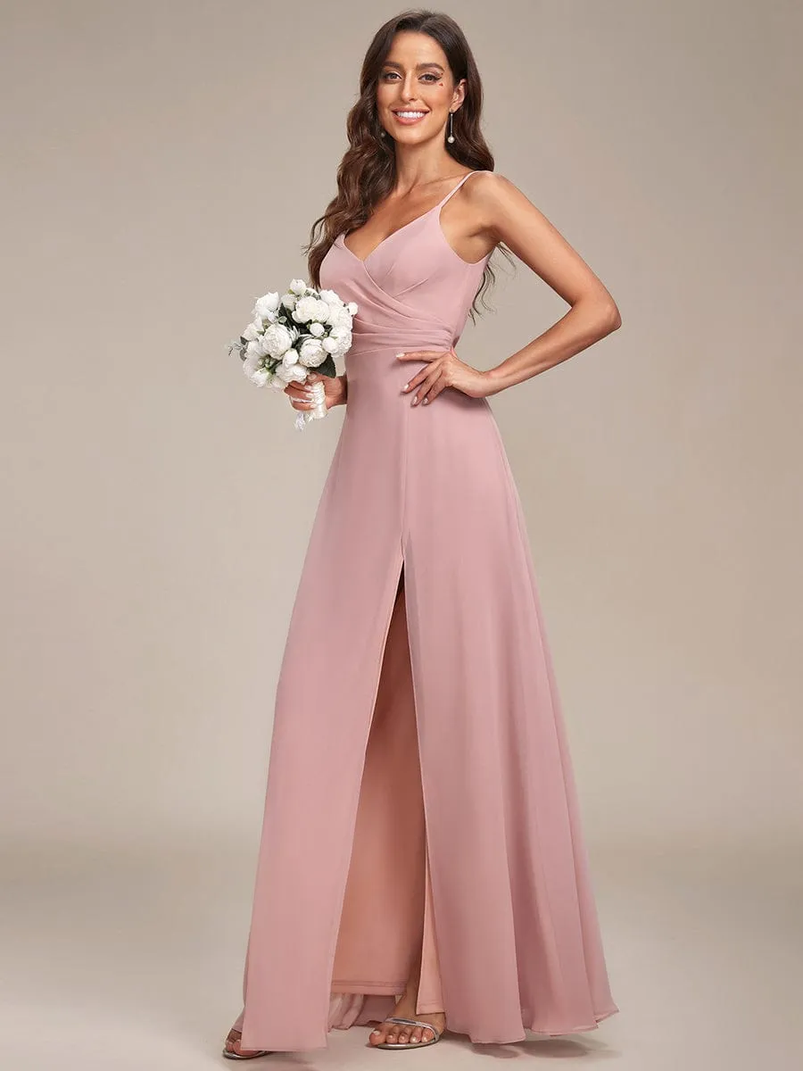 Pleated V-Neck Spaghetti Strap High Slit Bridesmaid Dress