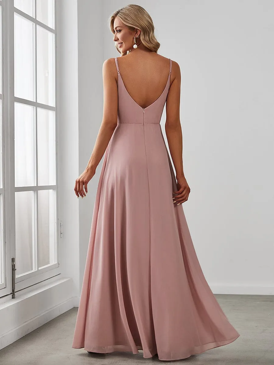 Pleated V-Neck Spaghetti Strap High Slit Bridesmaid Dress