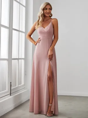 Pleated V-Neck Spaghetti Strap High Slit Bridesmaid Dress