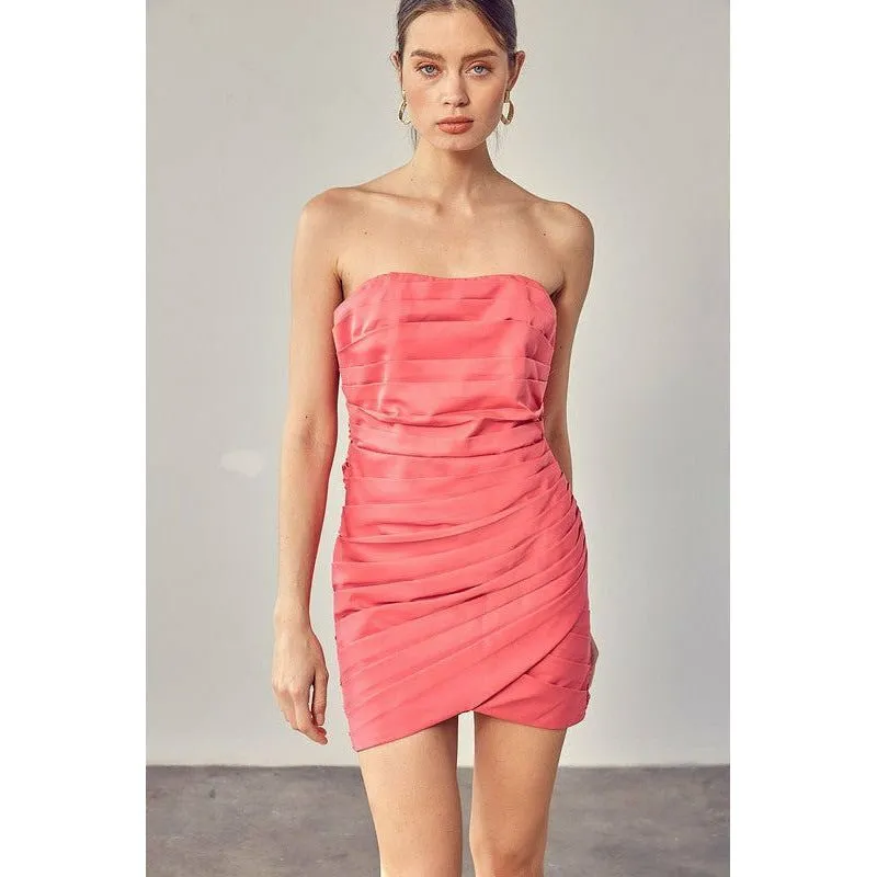 Pleated Wrap Tube Strapless Dress