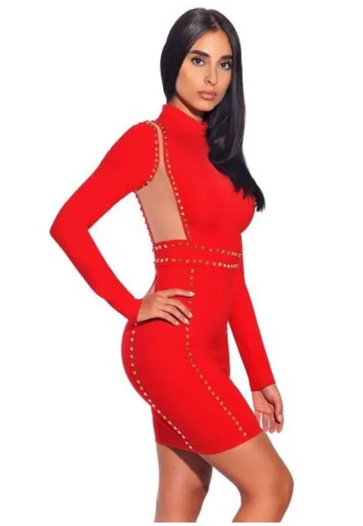 Red Gold Studded Mesh Dress