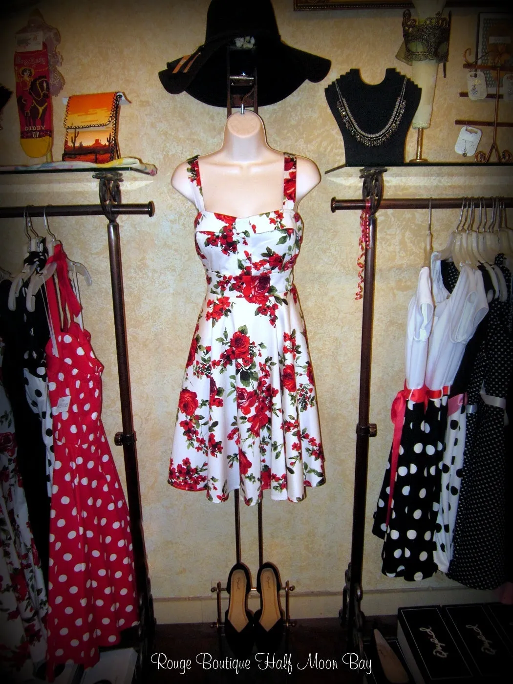 Retro red floral tie-back Hostess dress