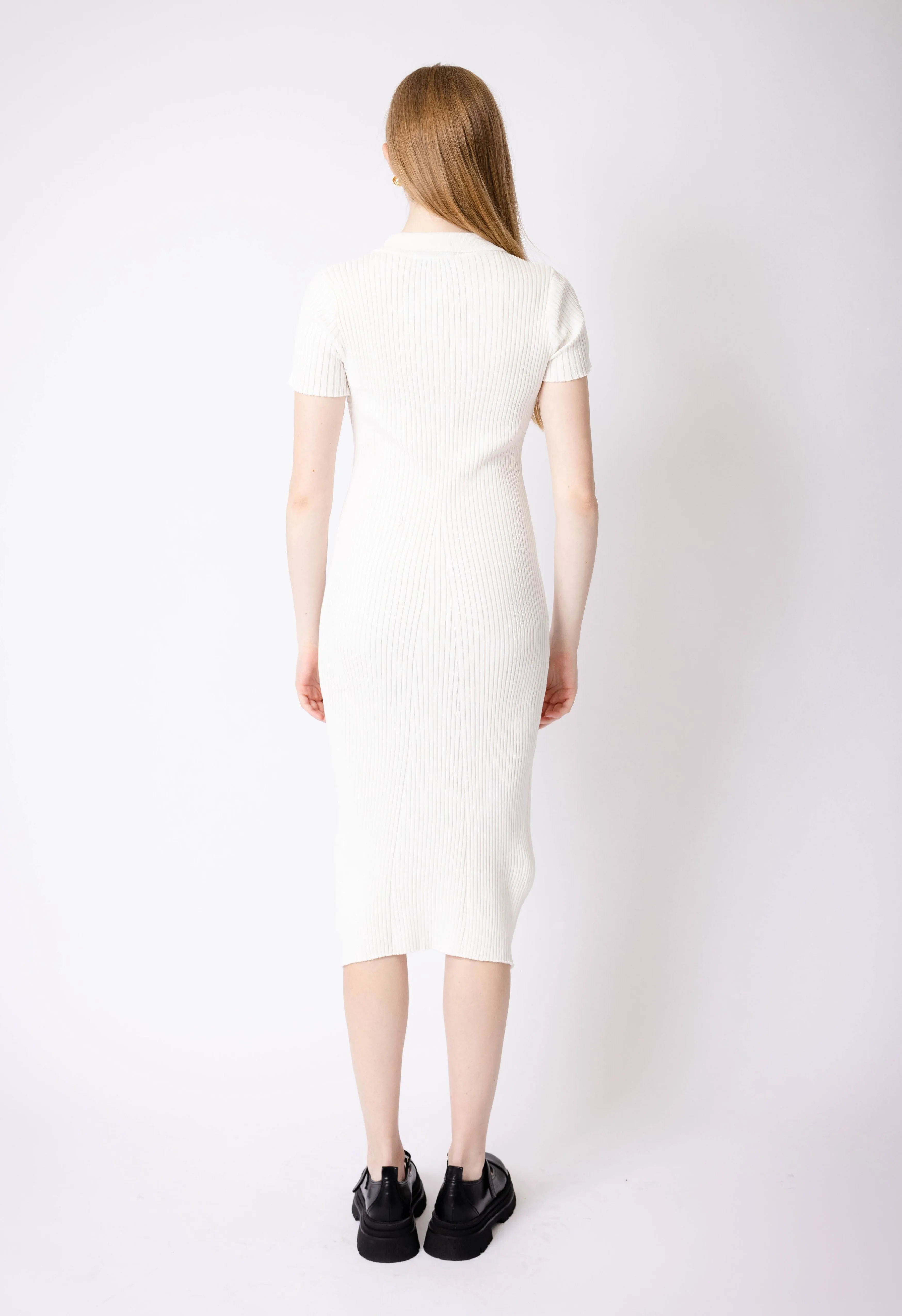 Ribbed Polo Dress in White