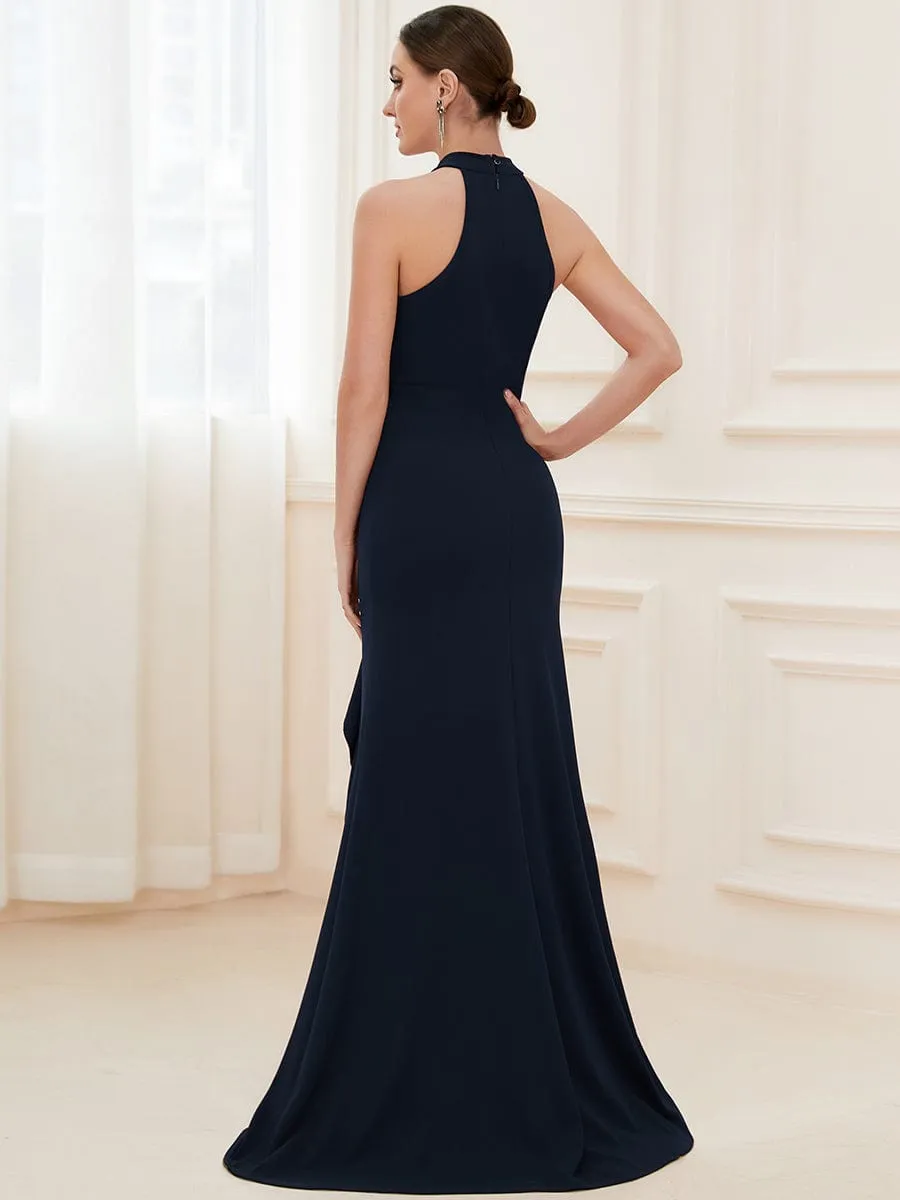 Ruffled Front Slit Cinched Waist Halter Sleeveless Evening Dress