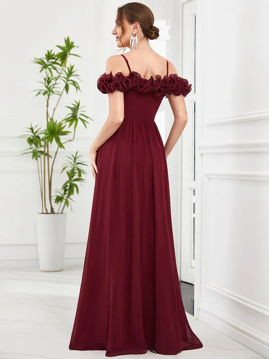 Ruffled Spaghetti Strap Off Shoulder Chiffon Wholesale Bridesmaid Dress