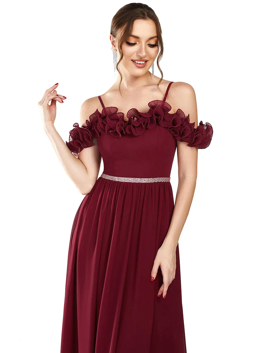 Ruffled Spaghetti Strap Off Shoulder Chiffon Wholesale Bridesmaid Dress