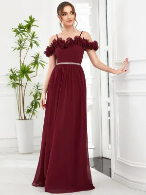 Ruffled Spaghetti Strap Off Shoulder Chiffon Wholesale Bridesmaid Dress