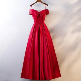 Satin Feel Red Dress Slash Neck Bow