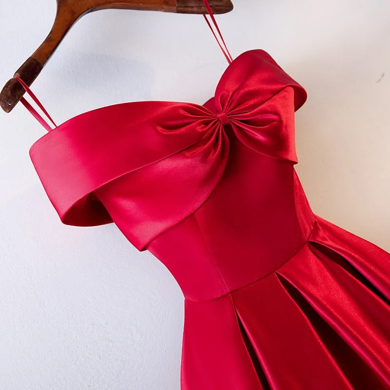 Satin Feel Red Dress Slash Neck Bow