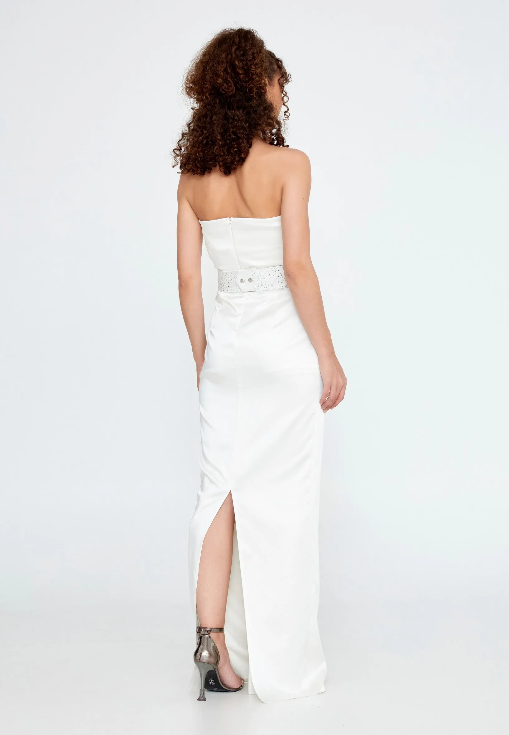 Satin Strapless Long Dress with Belt - White