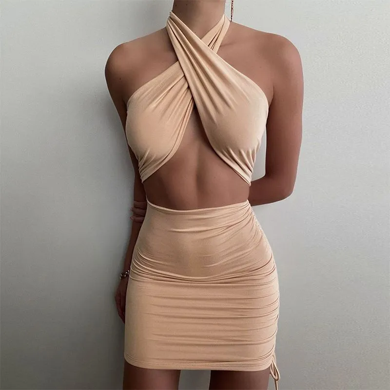 Side Shirring Criss Cross Front Wrap Halter Neck Dress Cut Outs