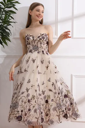 Strapless Corset Floral Butterfly Embroidery Midi Dress