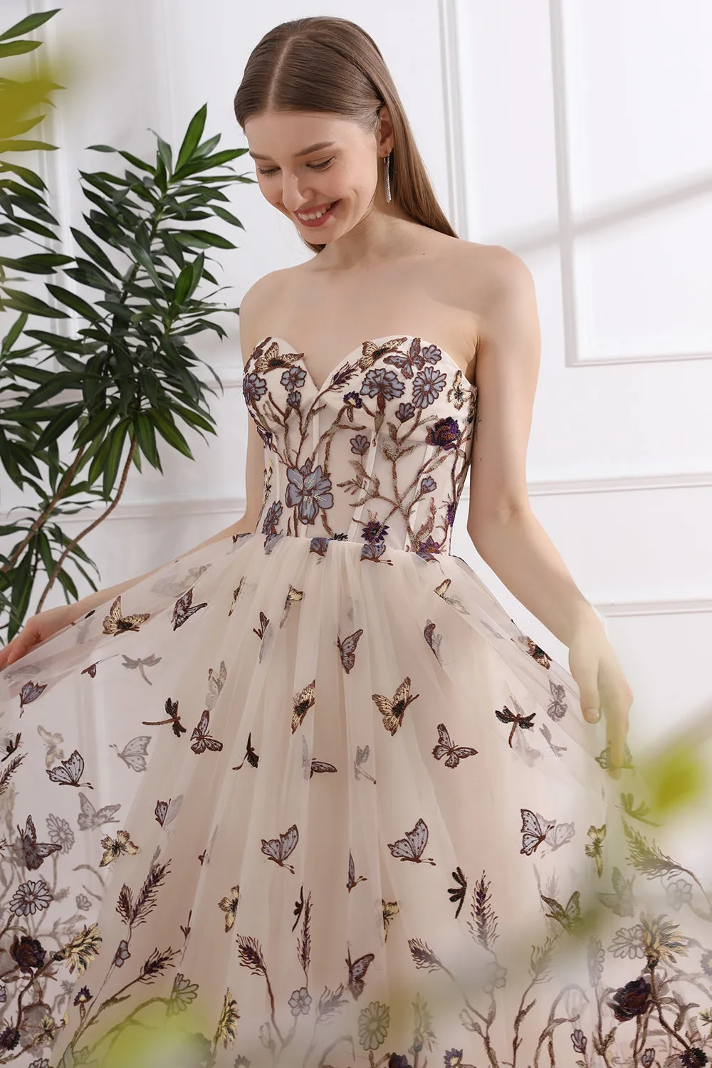 Strapless Corset Floral Butterfly Embroidery Midi Dress