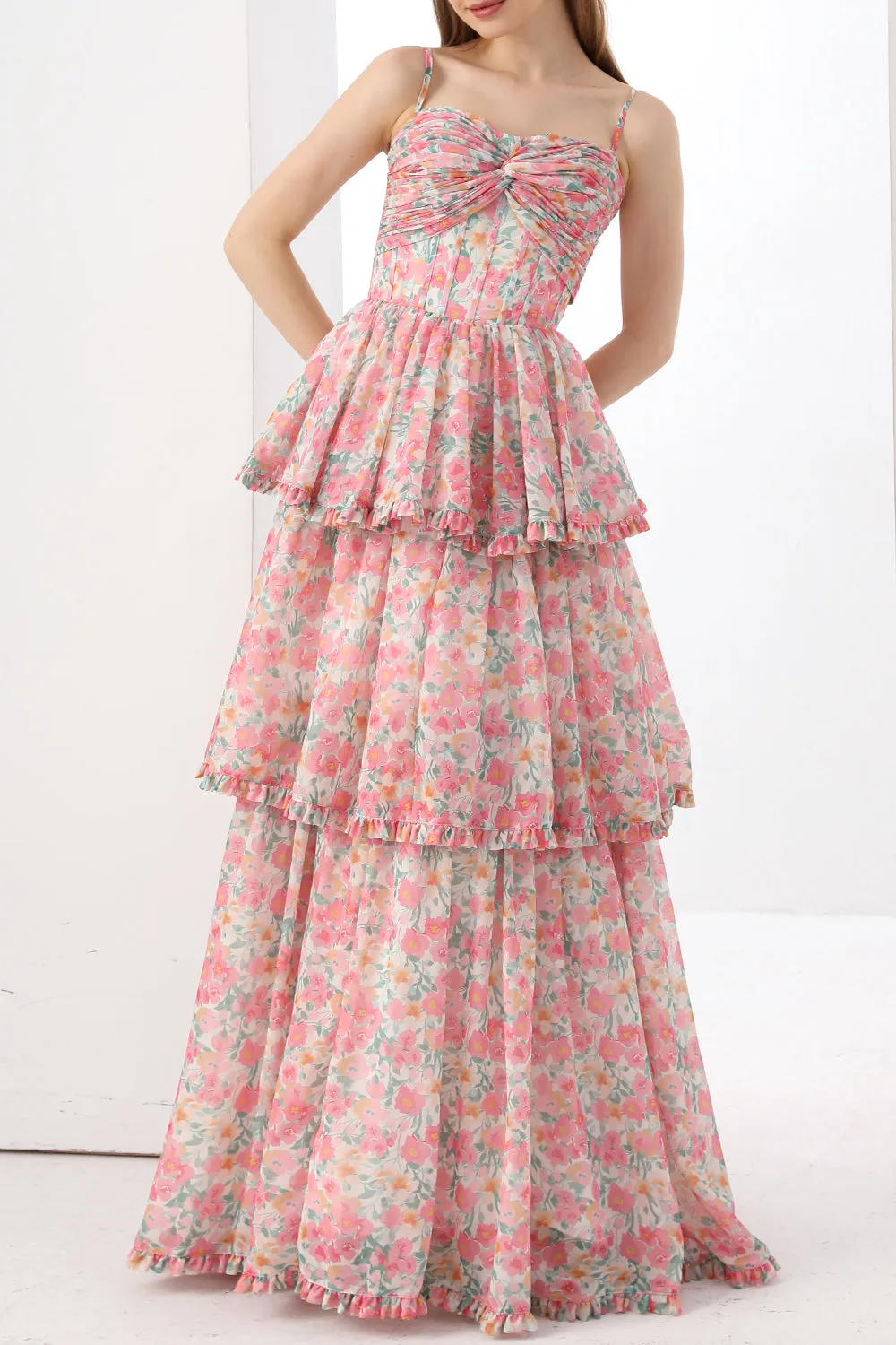 Strapless Corset Tiered Pink Floral Print Dress