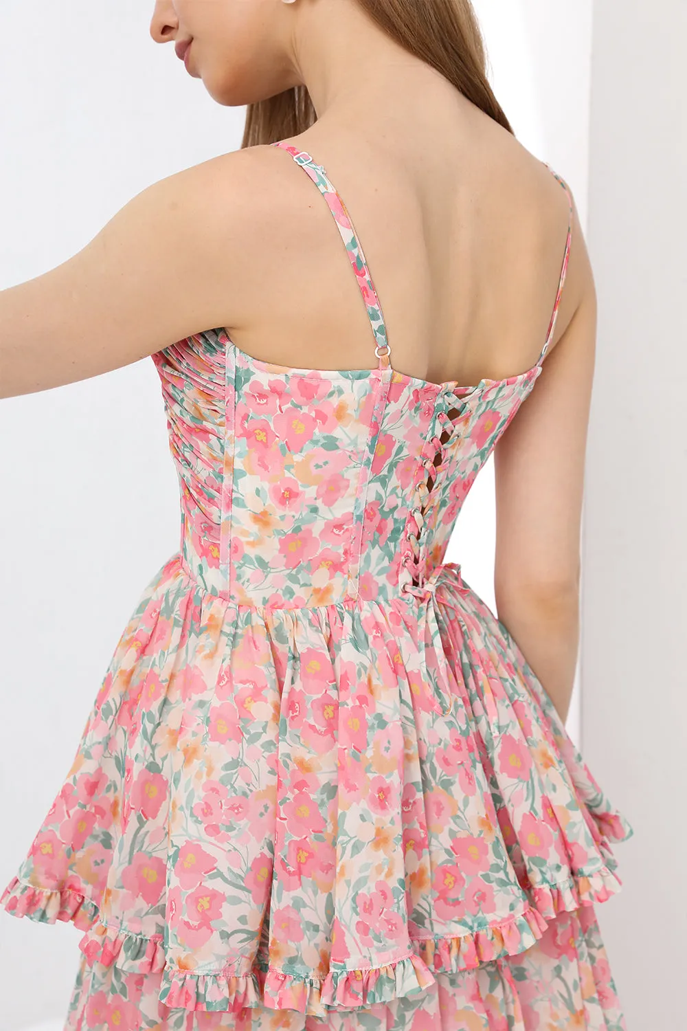 Strapless Corset Tiered Pink Floral Print Dress