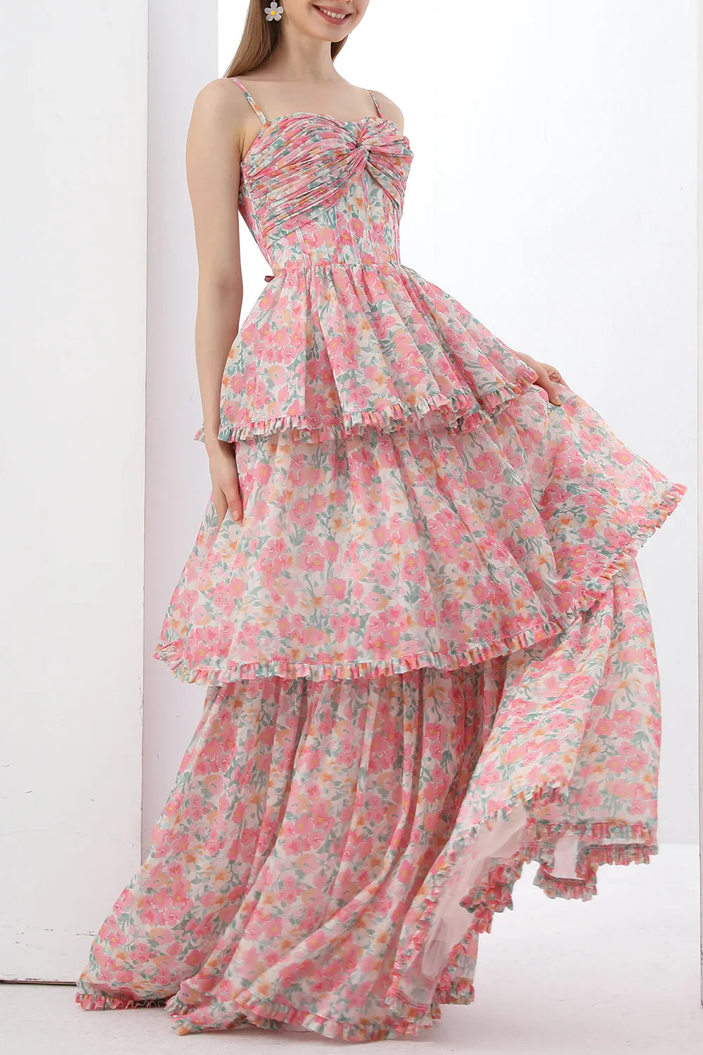 Strapless Corset Tiered Pink Floral Print Dress