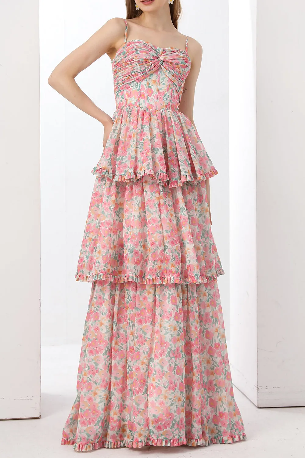 Strapless Corset Tiered Pink Floral Print Dress