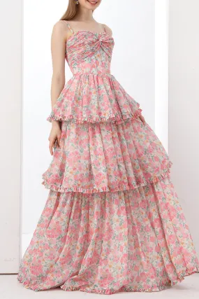 Strapless Corset Tiered Pink Floral Print Dress