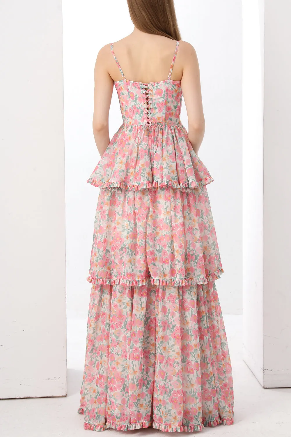 Strapless Corset Tiered Pink Floral Print Dress