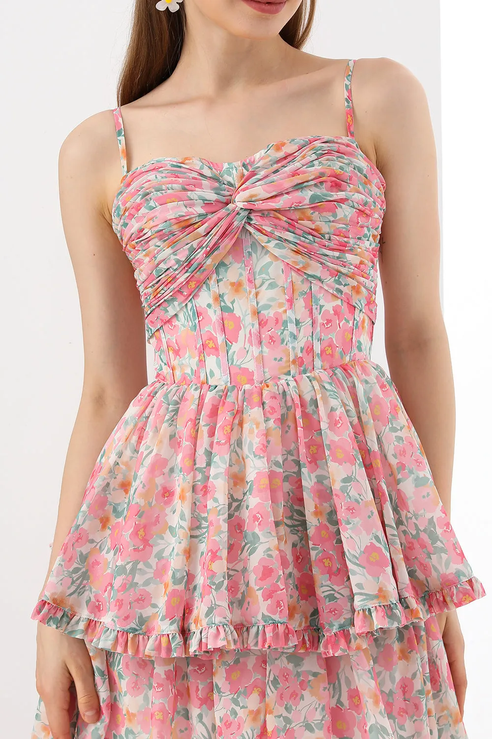 Strapless Corset Tiered Pink Floral Print Dress