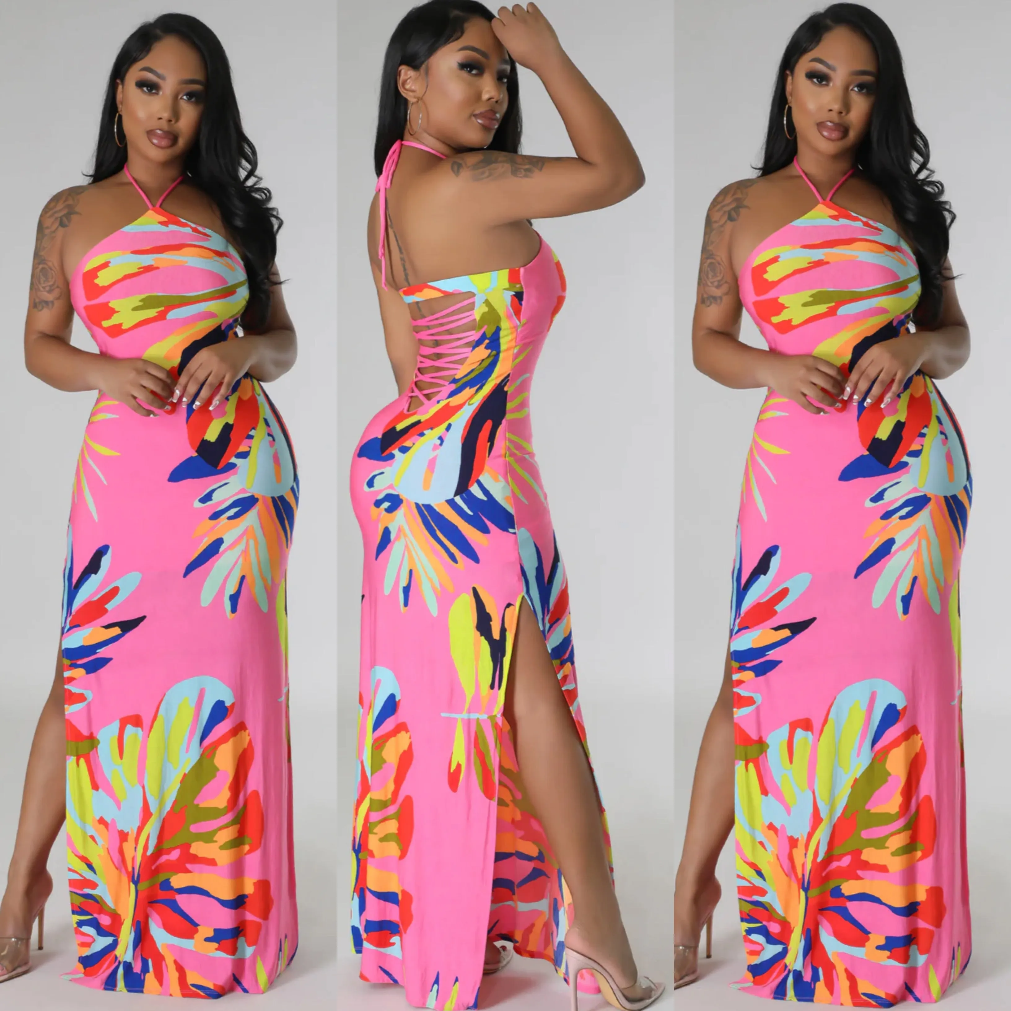 TROPICAL PRINT HALTER BACK SIDE SLIT DRESS