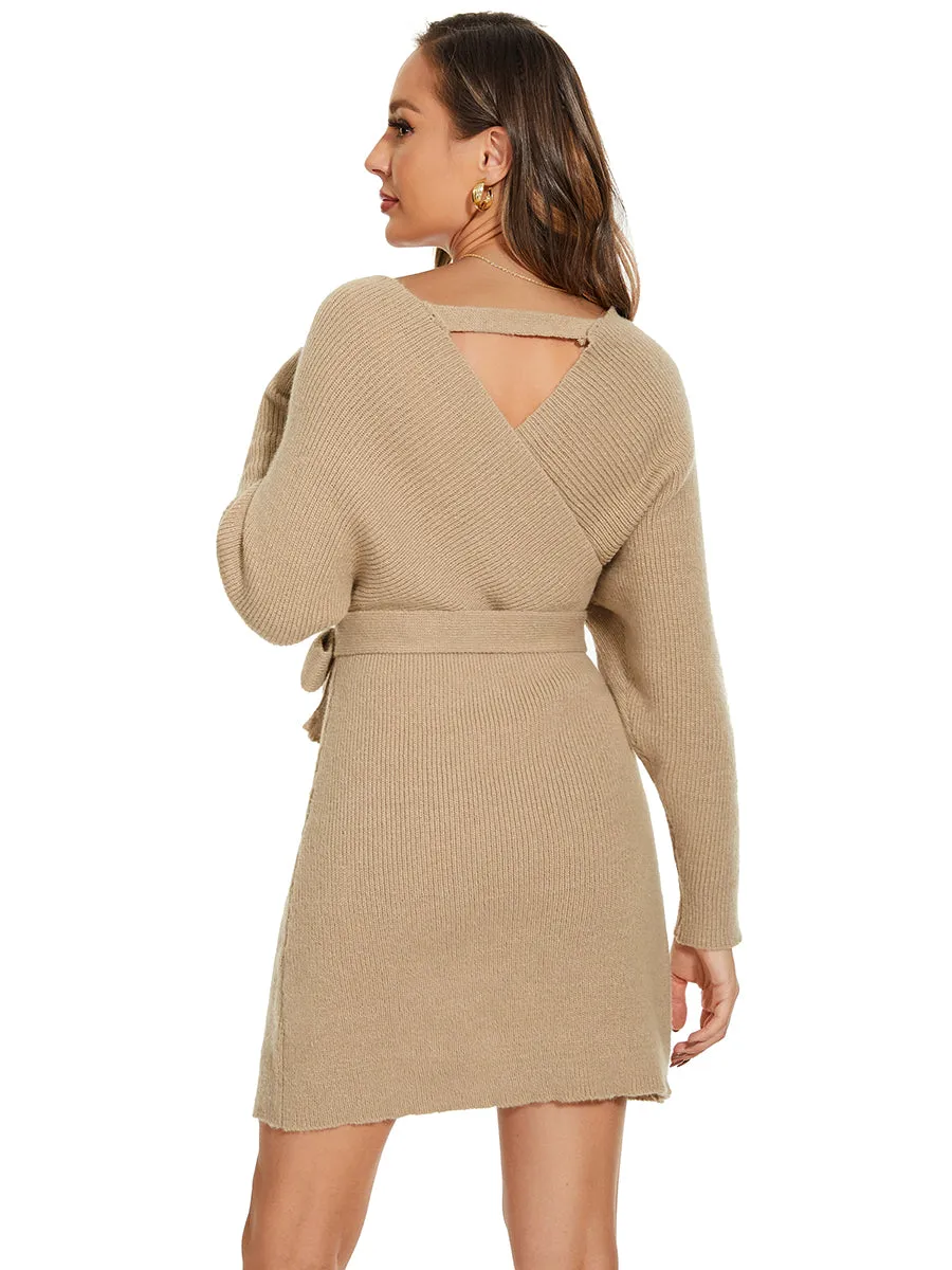 V Neck Bodycon Mini Sweater Dress With Belt