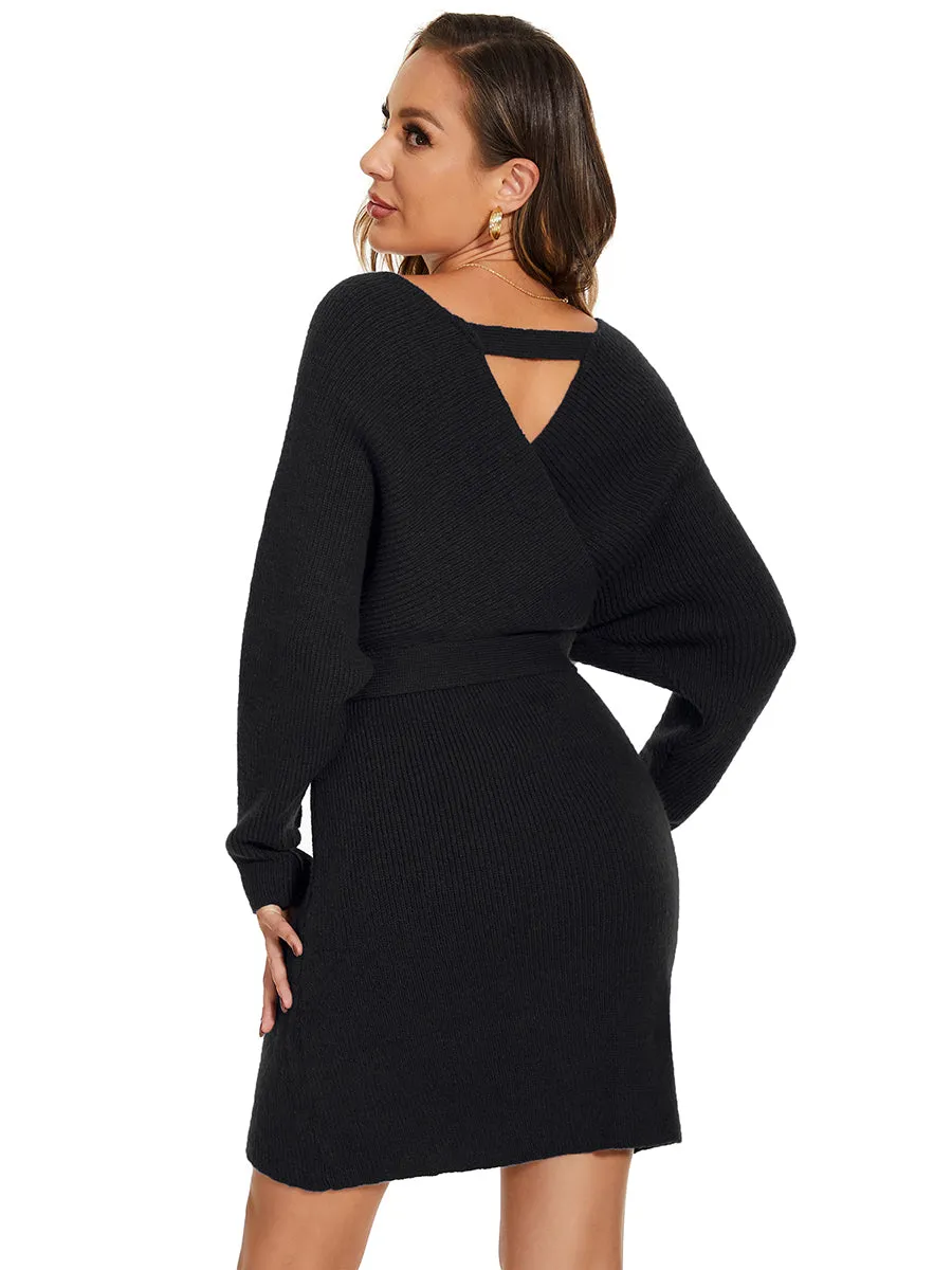 V Neck Bodycon Mini Sweater Dress With Belt