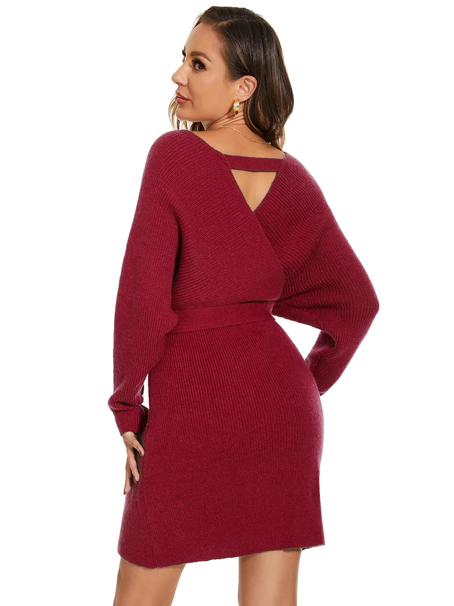 V Neck Bodycon Mini Sweater Dress With Belt