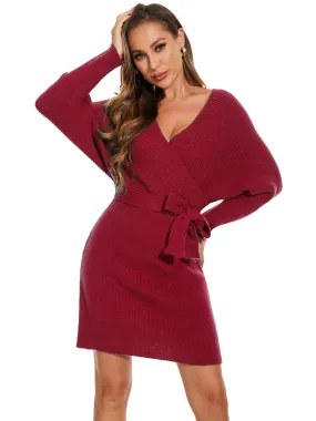 V Neck Bodycon Mini Sweater Dress With Belt