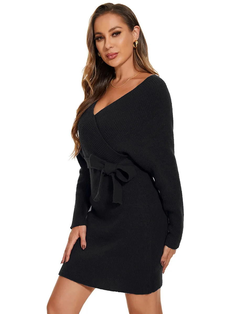 V Neck Bodycon Mini Sweater Dress With Belt