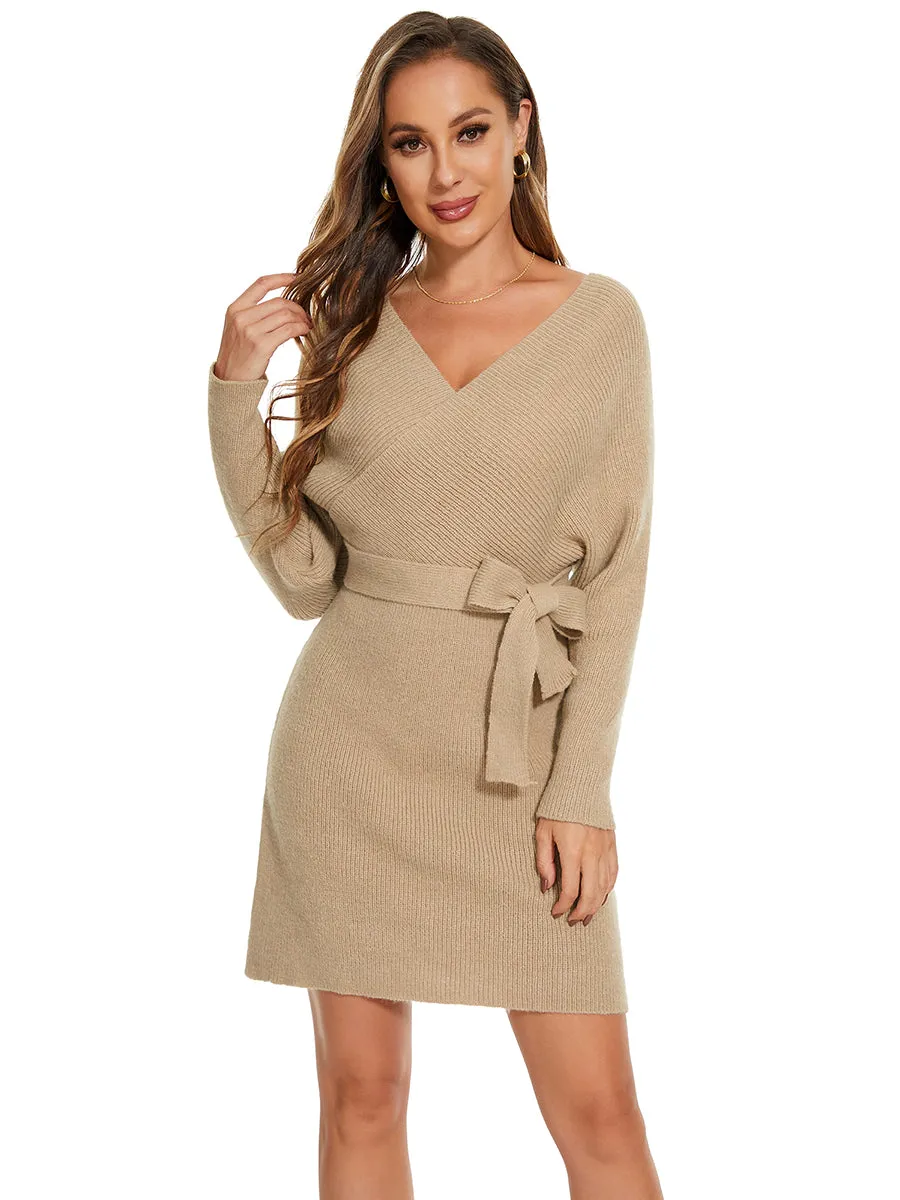 V Neck Bodycon Mini Sweater Dress With Belt